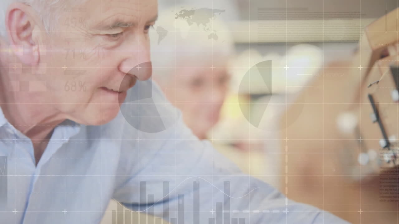 금융 데이터 처리의 애니메이션 - 고위 백인 남성 쇼핑