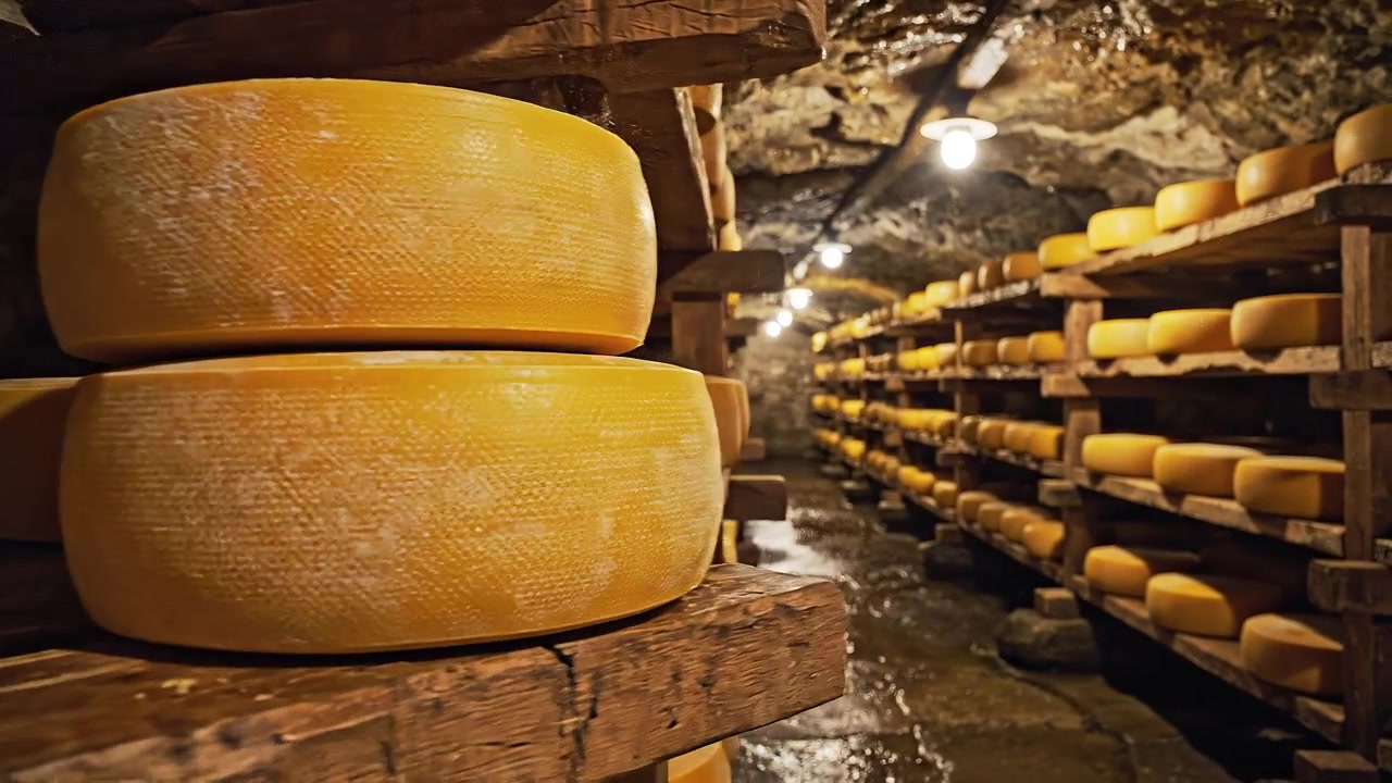 Artisan cheese wheels maturing on rustic wooden shelves in cellar