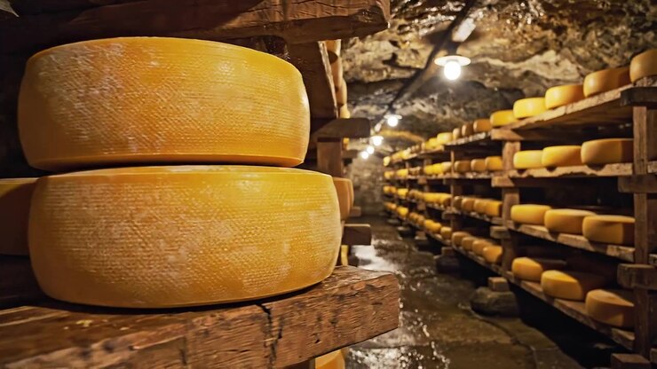Artisan cheese wheels maturing on rustic wooden shelves in cellar
