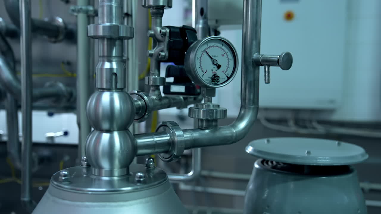 Steel pipe with pressure gauge leading to the metal tank. Equipping at modern dairy factory. Close up.