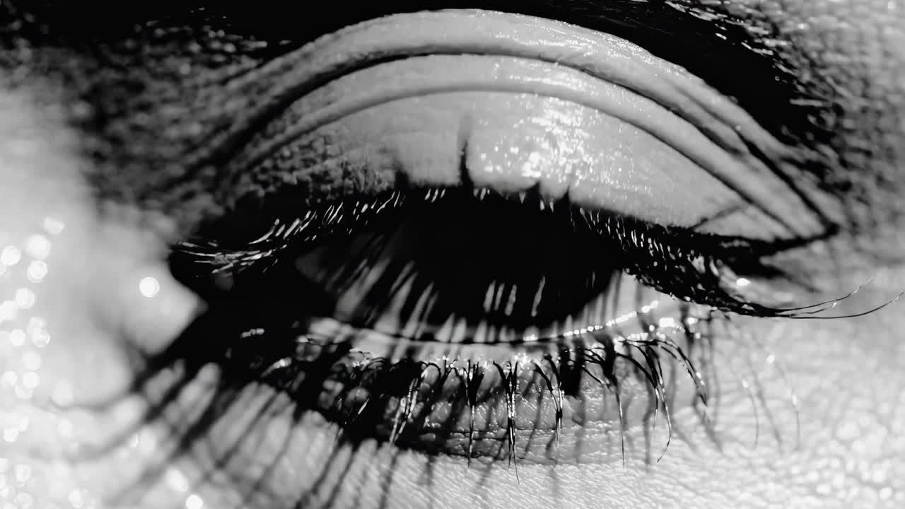 The video captures a close-up of a blinking eye in black and white, emphasizing texture and detail