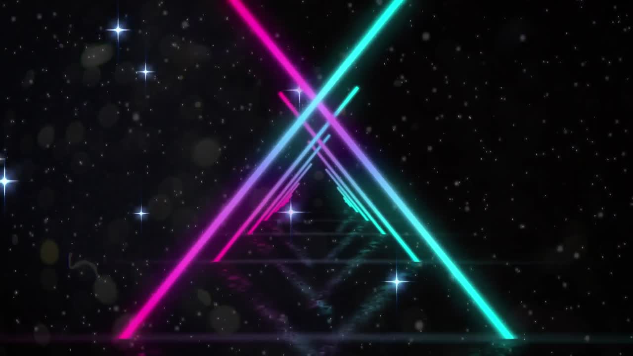 검은 바탕에 빛나는 별들과 원활한 움직임의 네온 삼각형의 디지털 애니메이션