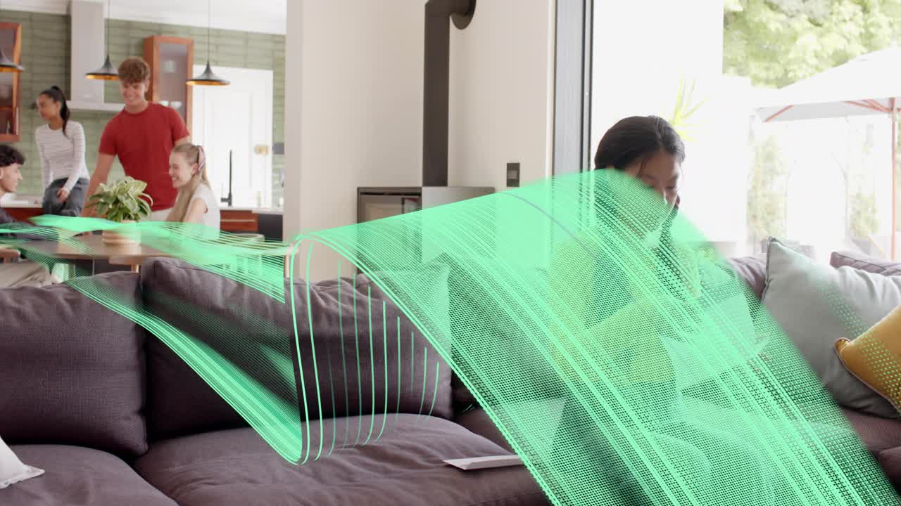 Woman crossing to sofa, reviewing phone content for home while green graphic sweeping across frame