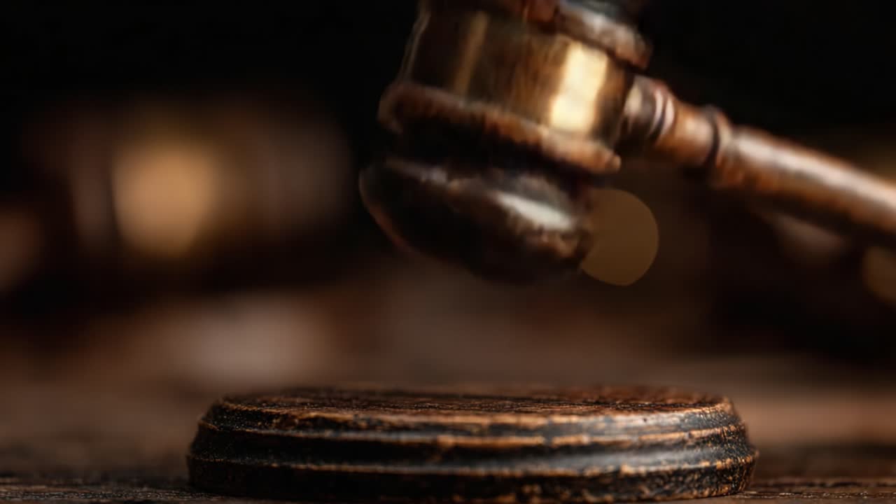 Un Primo Piano Dettagliato di un Classico Martello da Giudice in Legno Appoggiato su una Base Circolare, Che Simboleggia Giustizia e Autorità nel Sistema Legale.