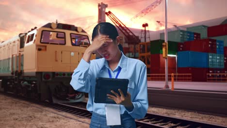 asian female with her tablet with freight cargo train at port, she is nodding her shead with dissapionted