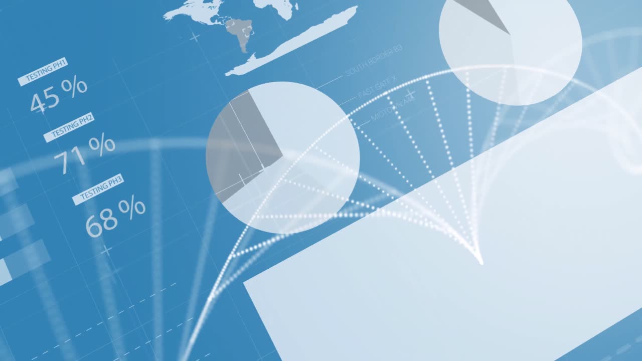 파란색 배경 위의 데이터 처리 및 dna  ⁇ 의 애니메이션