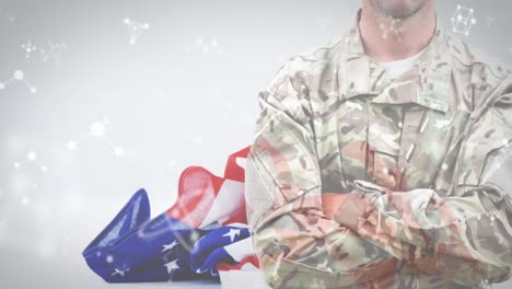 animación de la sección media de un soldado del ejército con nucleótidos y bandera nacional de américa