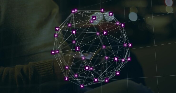 Animation of globe of digital icons against mid section of a person using smartphone