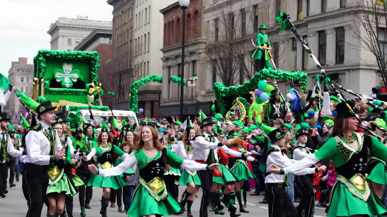 Vídeo vibrante de desfile de rua capturando uma celebração animada com dançarinos em trajes verdes