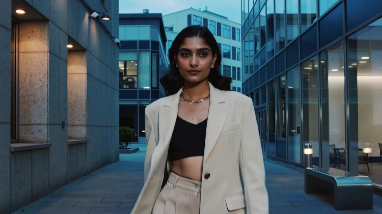 Donna in blazer chiaro che cammina attraverso un passaggio con le luci che si accendono, diretta in ufficio, con una borsa.