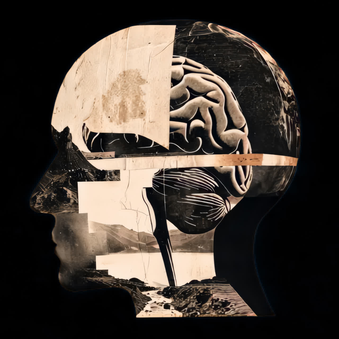 Surreal brain landscape collage animation isolated asset, transparent 4K video, alpha channel