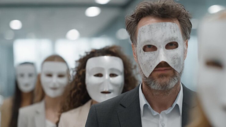 Una scena che fa riflettere, con un gruppo di individui che indossano maschere bianche, evidenziando temi di identità e conformità in un contesto moderno.