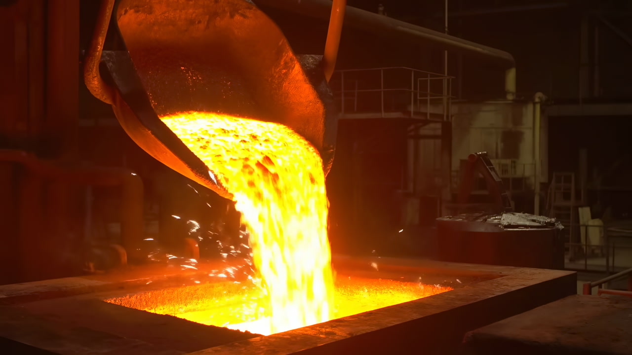 Molten Metal Pouring Into Mold, Bright Ladle Tilt Releasing Liquid Orange Stream, Sparks On Contact With Mold,