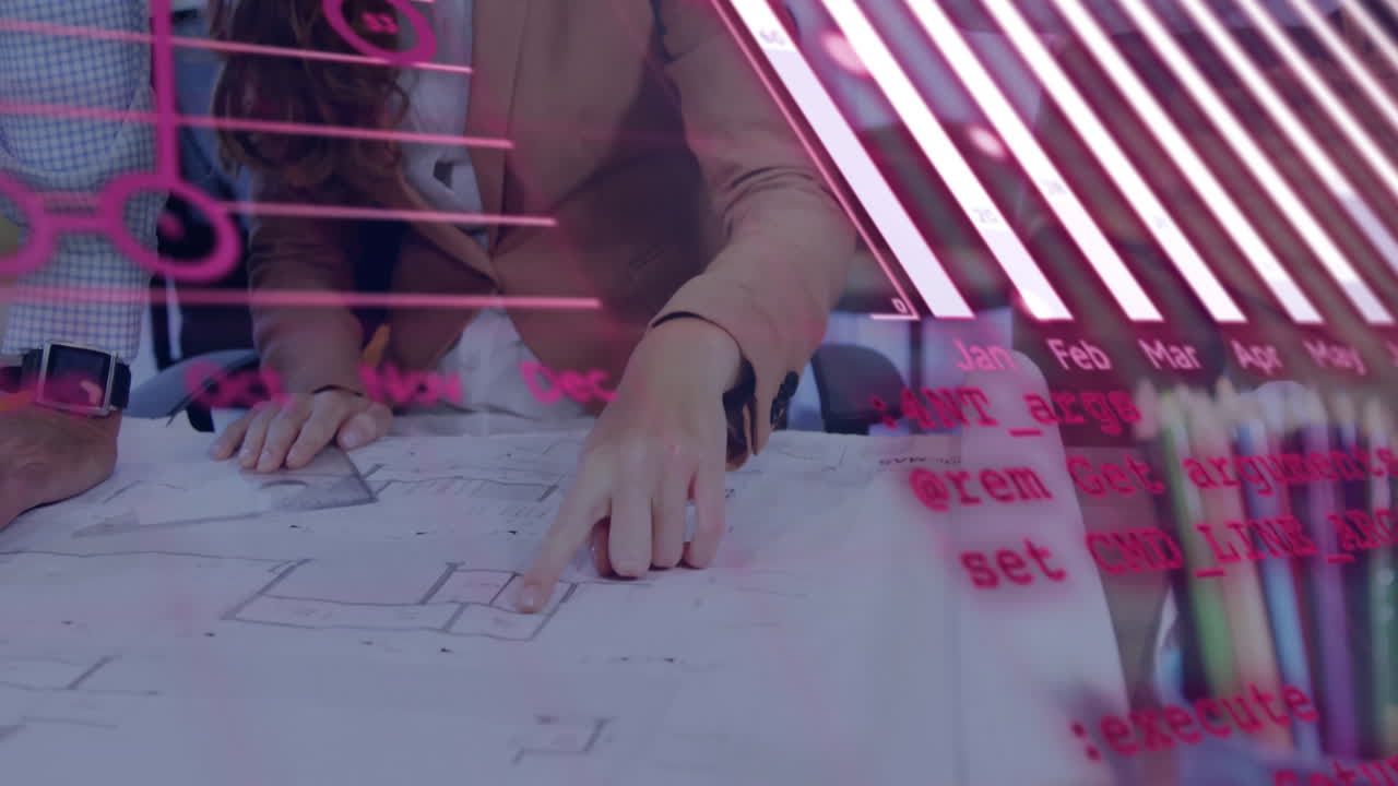 animación de procesamiento de datos y diagramas sobre diversos colegas en la oficina