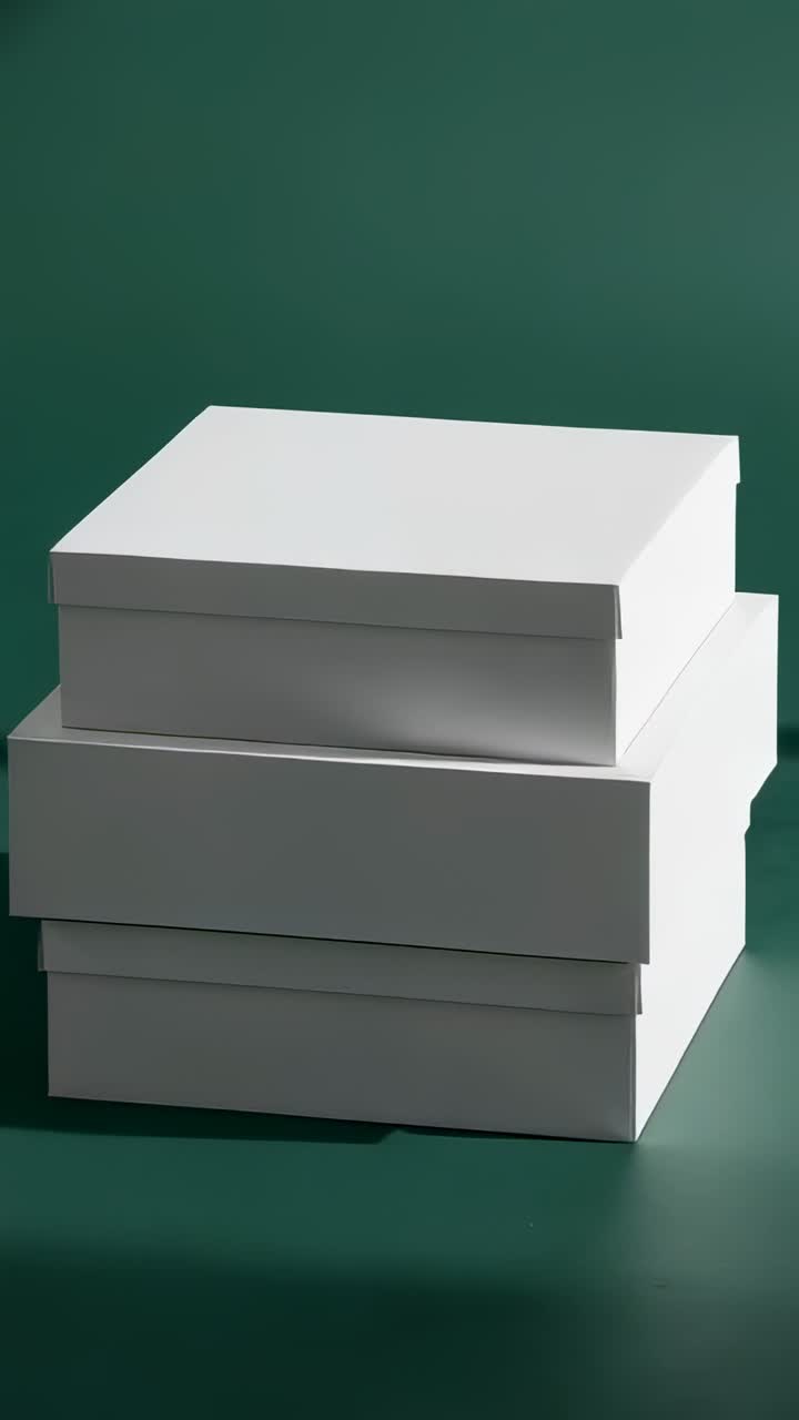 Vertical video: Starting stack of white boxes spinning on green table, revealing lid opening