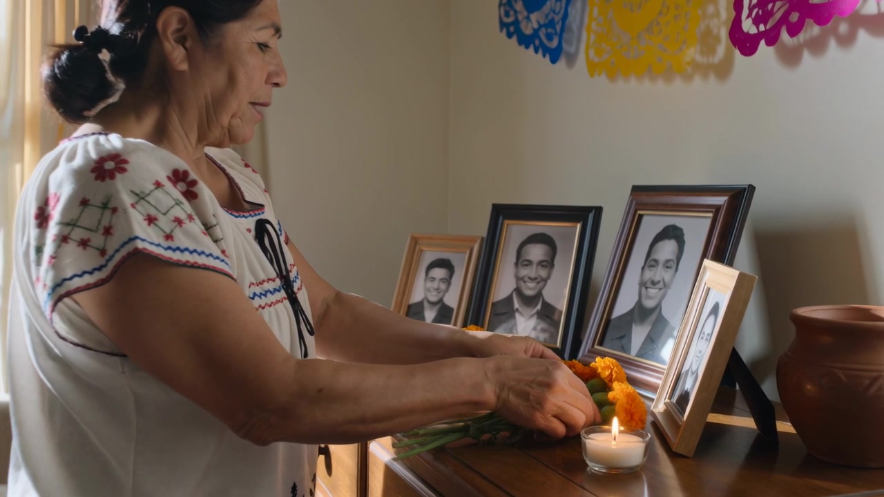 Donna anziana in camicetta che sistema calendule su un santuario, aggiungendo foto accanto a una candela per la famiglia.