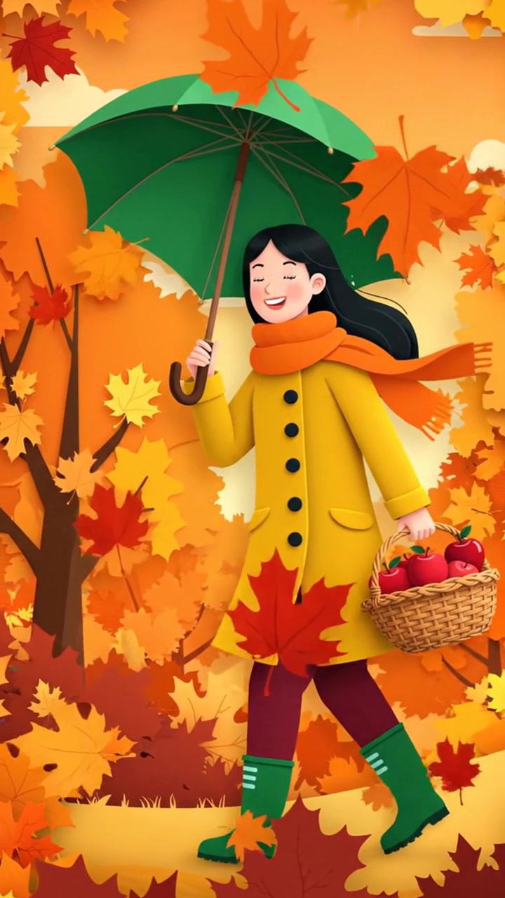 Niña con paraguas verde caminando entre hojas de otoño