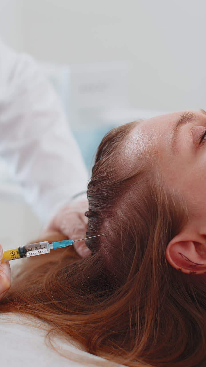 tricólogo haciendo procedimiento de regeneración del cabello de la mujer dermapen microneedling inyecciones de vitaminas