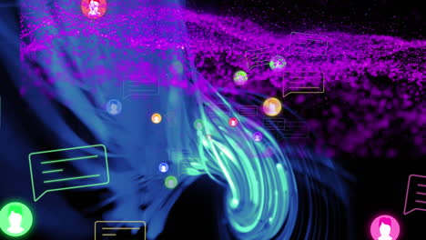 animación de iconos y mensajes técnicos en fondo negro