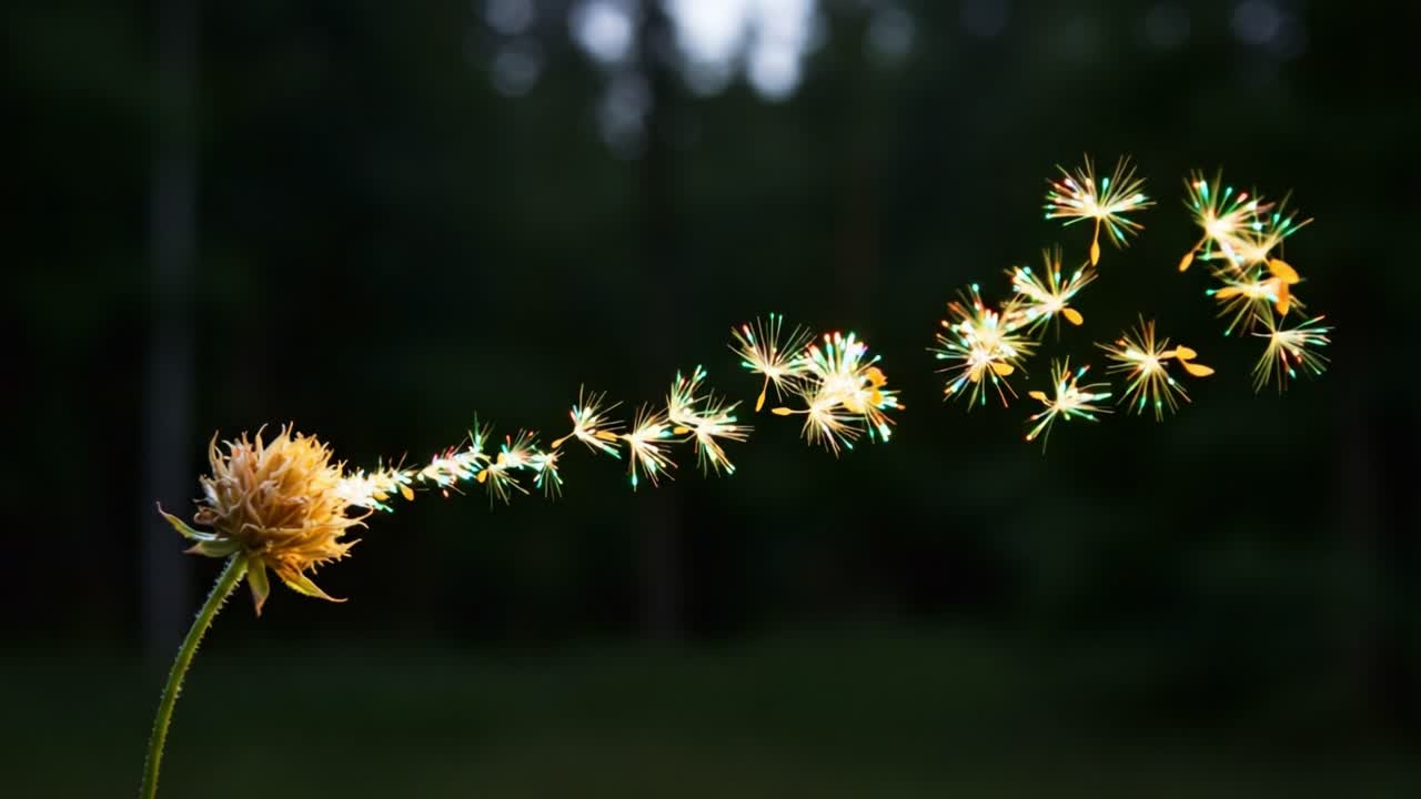 A Stunning Showcase of Nature's Delicate Beauty: Capturing the Seed Dispersal of a Flower in a Mesmerizing Spiral of Light and Sparkle