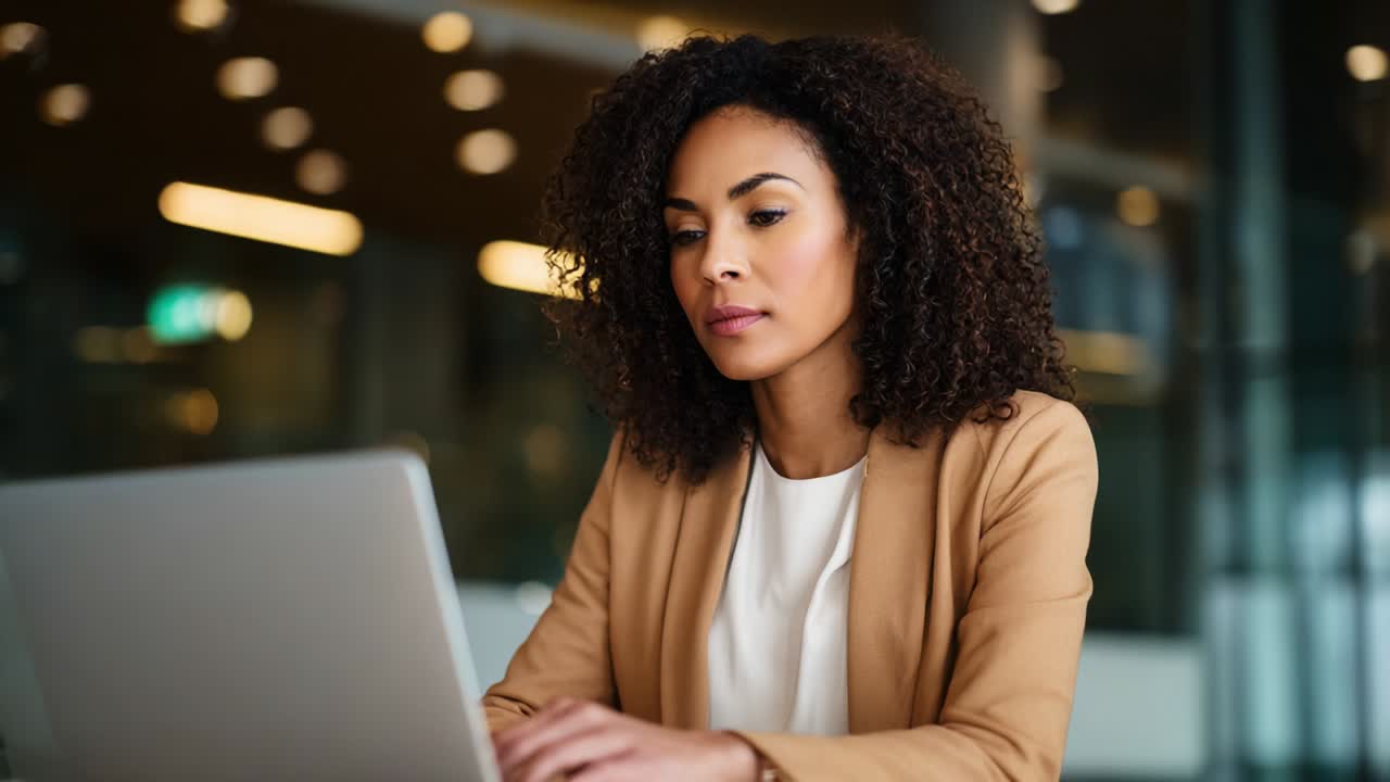 Focused Woman Working on Laptop in Modern Workspace: A Portrait of Professionalism and Concentration Showcasing the Importance of Technology in Today's Business Environment