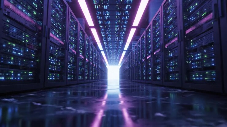 A Futuristic Data Center: Exploring the Endless Aisles of Advanced Server Racks Illuminated by Dynamic LED Lights, Representing the Cutting-Edge of Technology and Connectivity