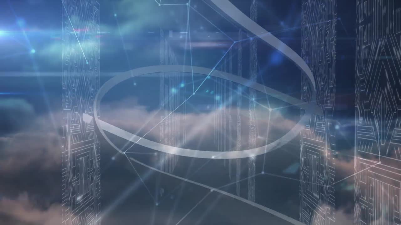 리본, 연결 및 클라우드의 애니메이션은 서버의 집적 회로를 통해