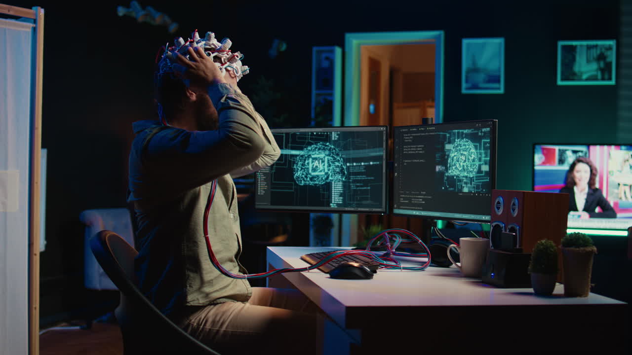 Computer scientist putting EEG headset on, starting mind upload process