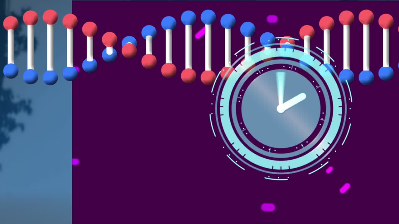 Animation of scope scanning and spinning dna trails over cityscape