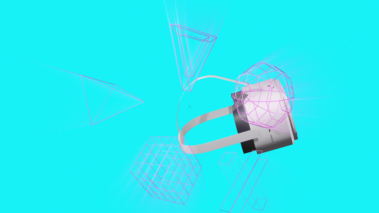 animación de auriculares vr sobre formas 3d en fondo azul