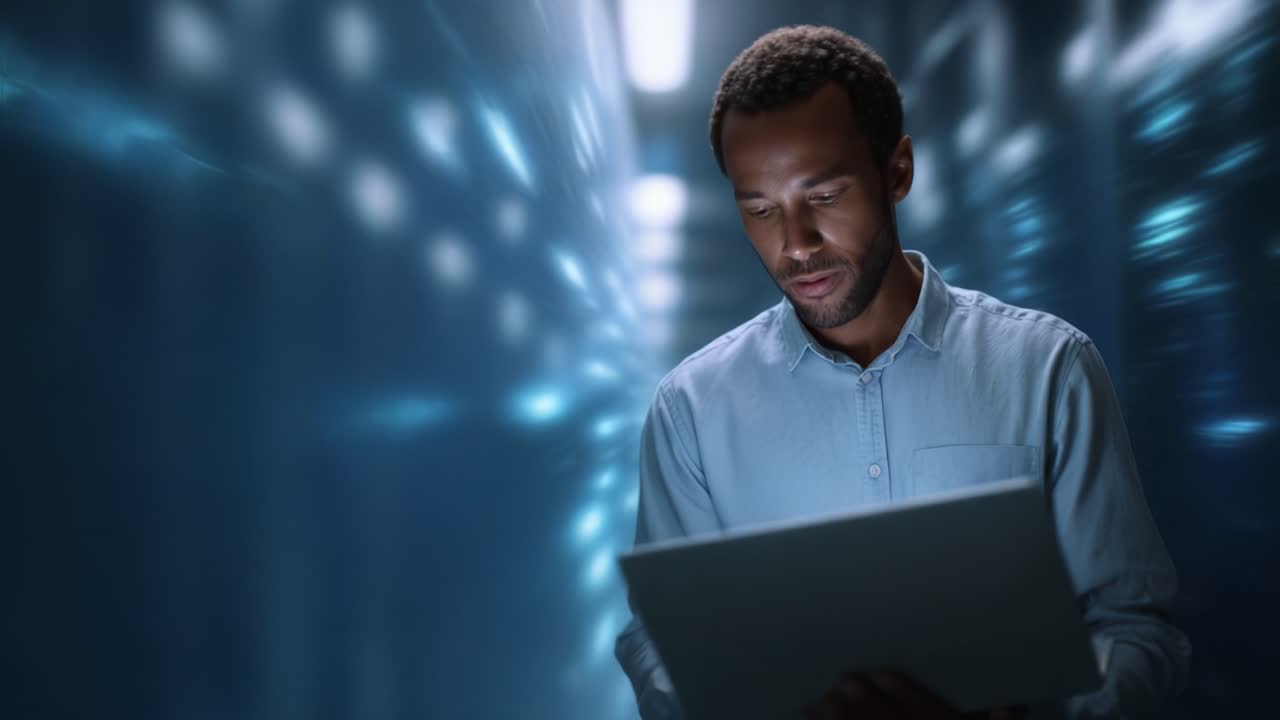 Focused Individual Analyzing Digital Data on Laptop in a High-Tech Environment, Surrounded by Blurred Lights and Modern Server Infrastructure