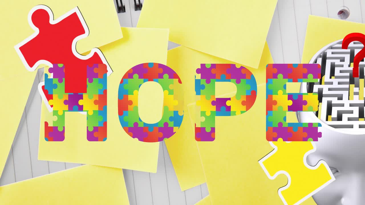 자폐증 인식의 달의 애니메이션 다채로운 퍼즐 조각은 뇌와 미로로 희망 텍스트를 형성합니다.