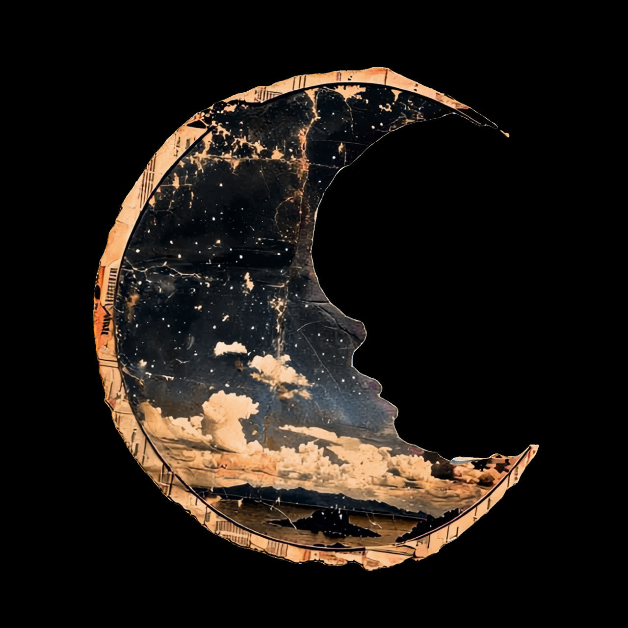 Celestial silhouette art collage animation isolated asset, transparent 4K video, alpha channel