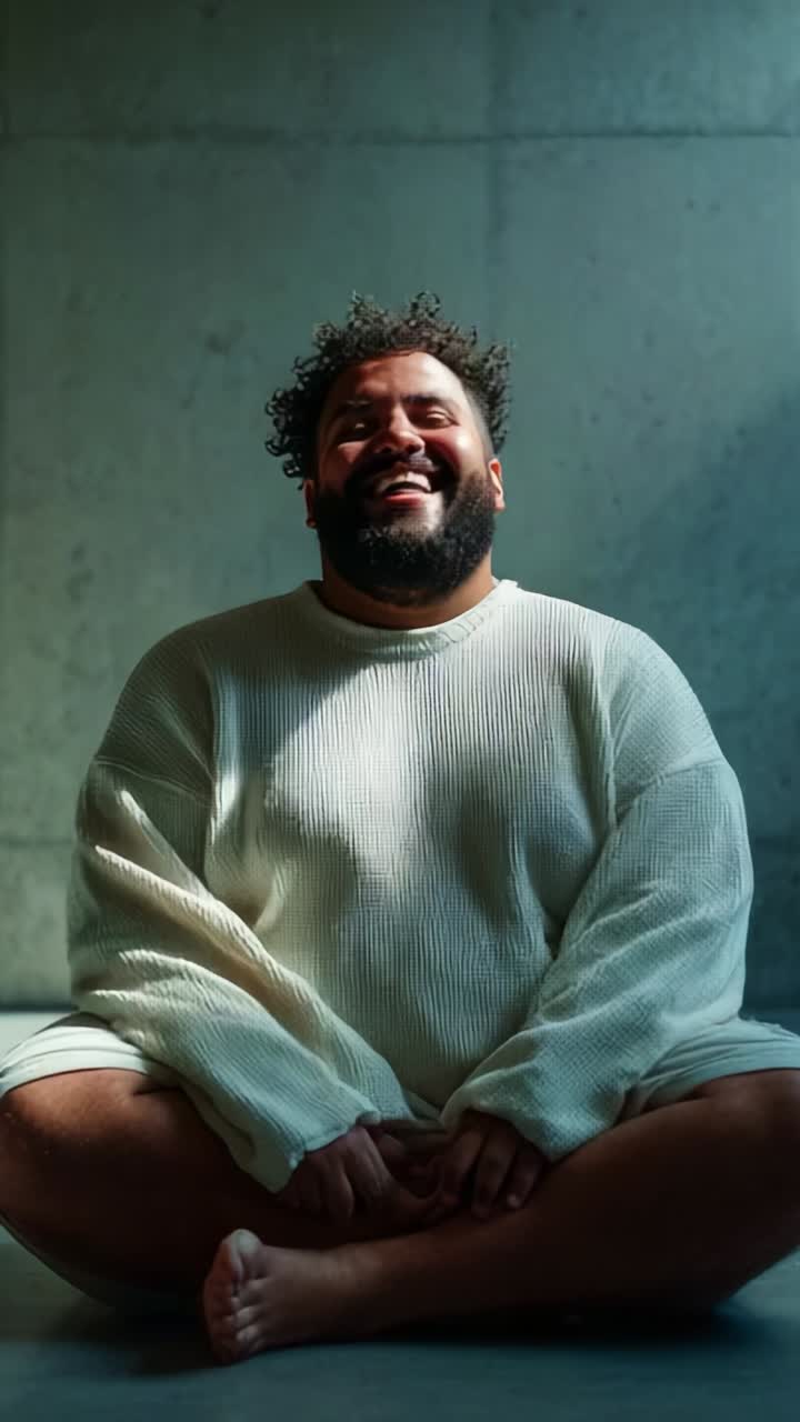 A joyful man smiles and claps in a serene environment, basking in natural light, embodying happiness and contentment in a moment of pure bliss and joy