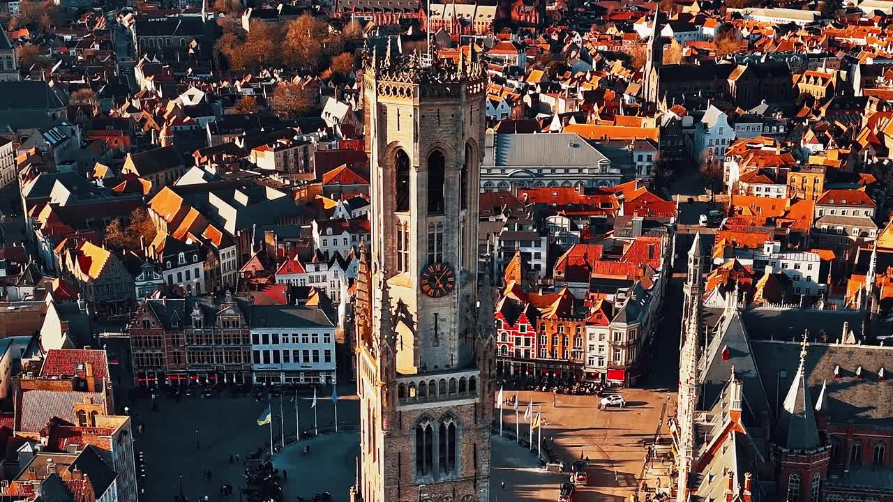 Bird's eye view of Bruges showing buildings and clock tower