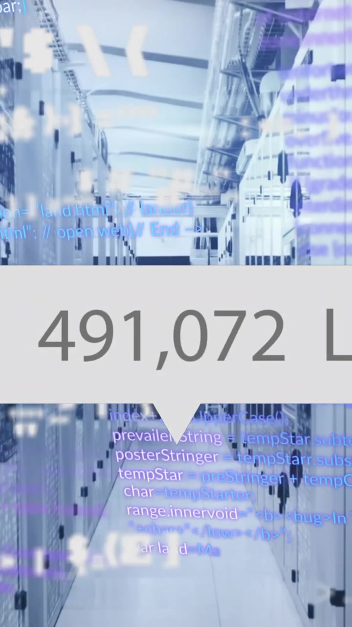 Animation of thumbs up icon with increasing likes and data processing against computer server room