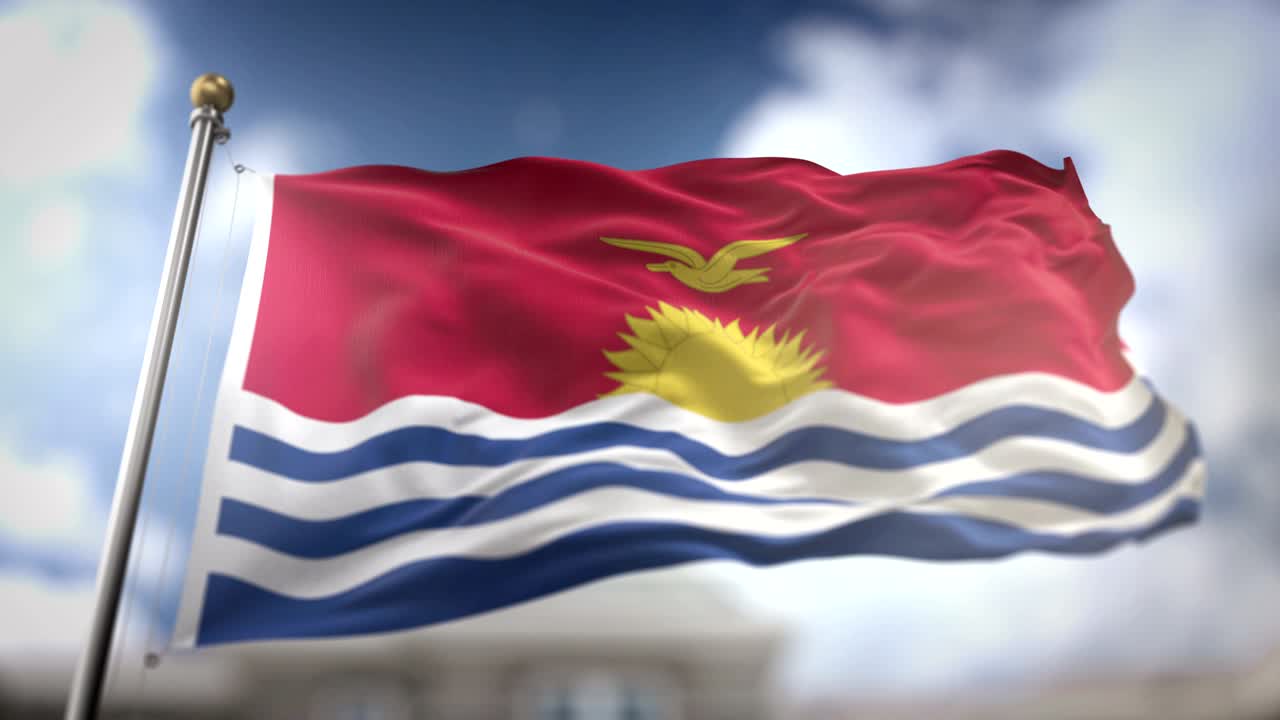 Bandiera di Kiribati che sventola al rallentatore, rendering 3D, sfondo cielo blu - Loop continuo 4K