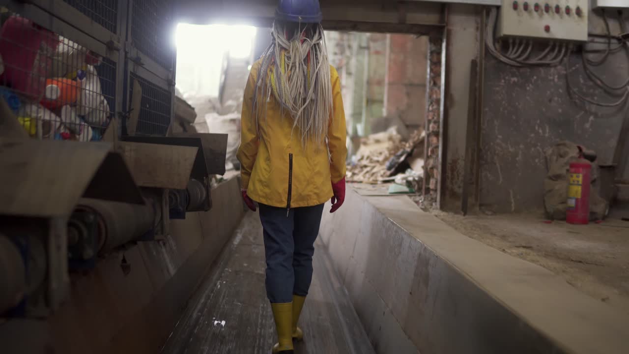 Rare view footage of a girl in protective working clothes - walking by moving conveyor waste recycling factory, huge area with used bottles, different waste and garbage