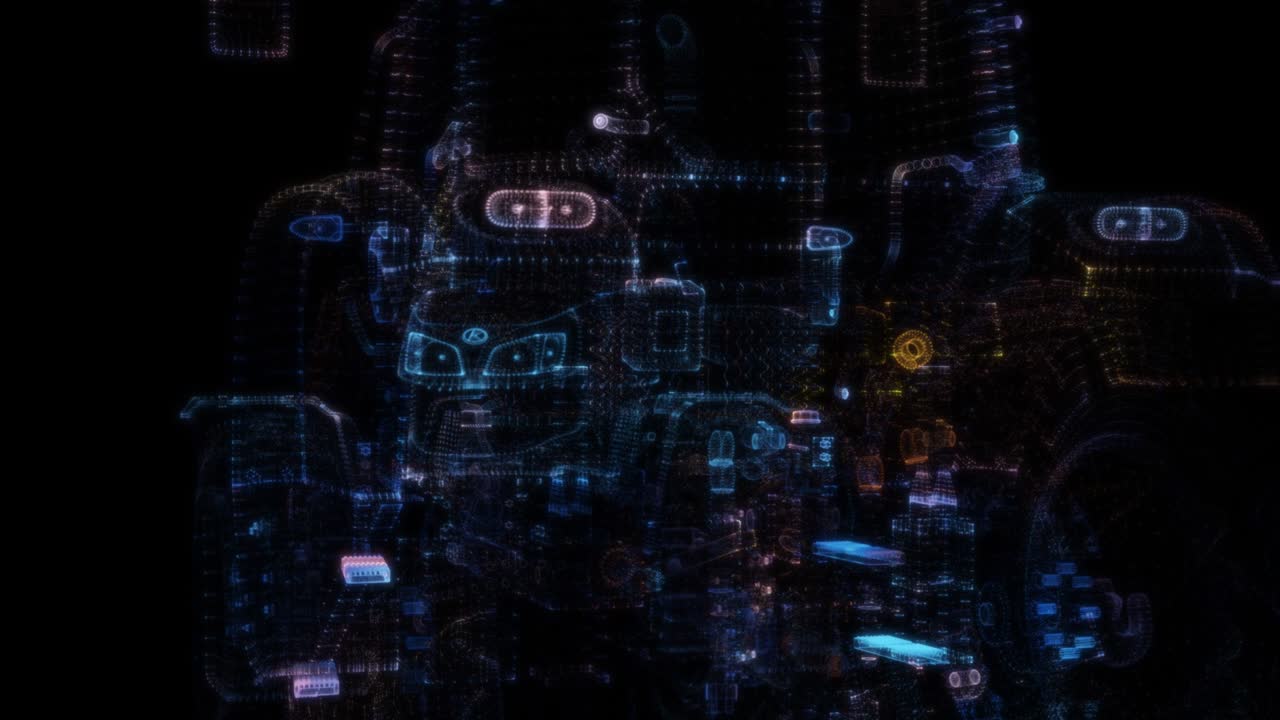 tractor agrícola formado por puntos y líneas luminosas