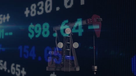 Animation-of-stock-market-over-pumpjack-on-black-background