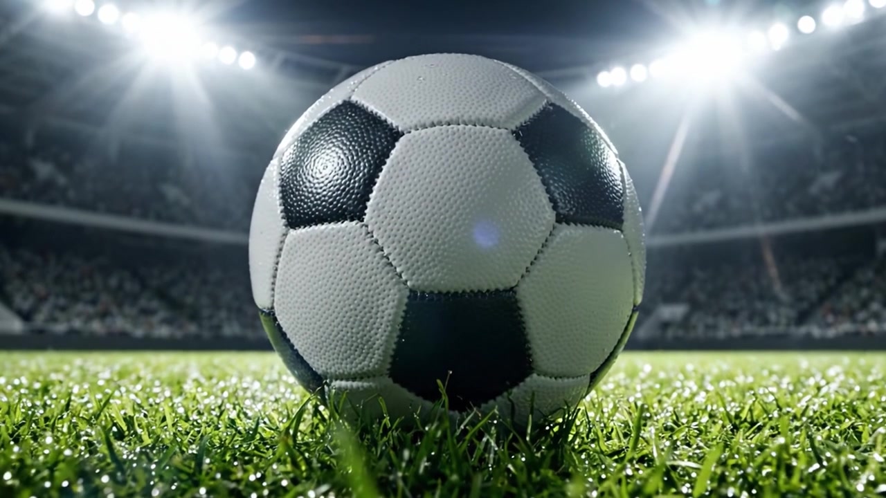 Eine Nahaufnahme eines klassischen Fußballs auf üppigem grünem Rasen, beleuchtet von Stadionlichtern, die die Essenz des Spiels einfängt