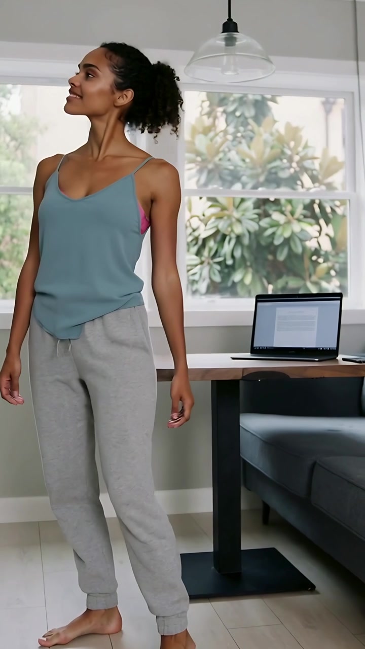 Video vertikal: Beristirahat dari laptop, wanita mengenakan atasan bergerak, memiringkan badan, melangkah di rumah, dengan laptop.