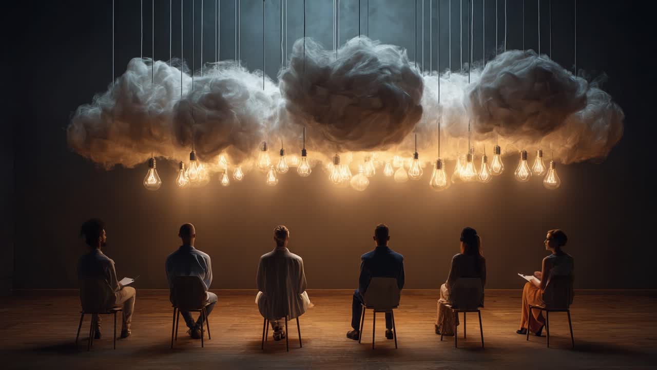 A meditative gathering of six individuals seated beneath a surreal installation of illuminated clouds and hanging light bulbs, evoking contemplation and creativity in a tranquil environment