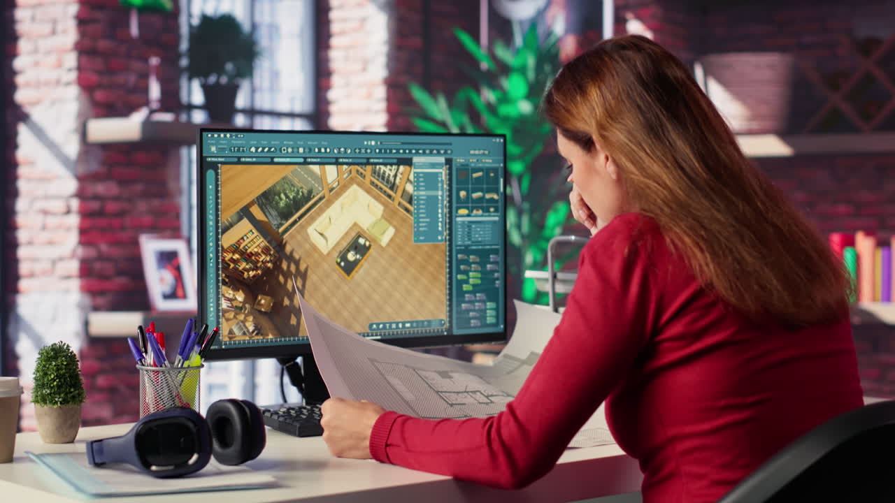 Woman Architect Working on Interior Design Blueprint