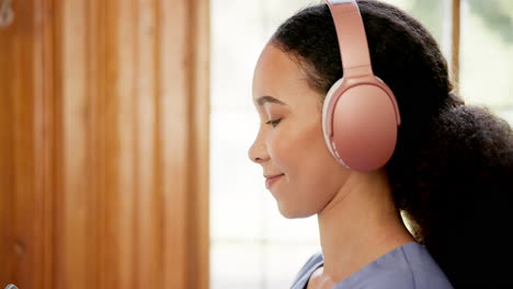 woman, headphones and smile for podcast