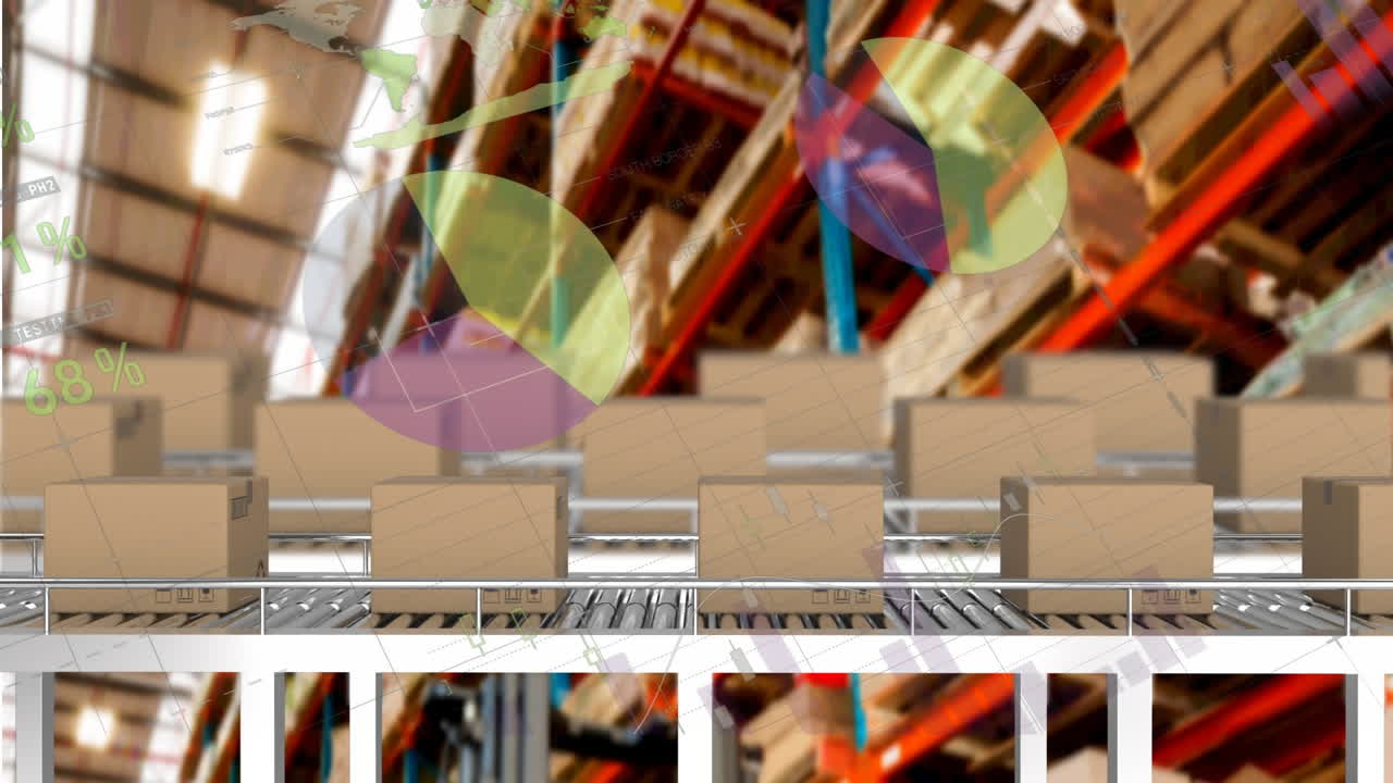 배경에서 컨베이어 벨트에 있는 카드보드 상자 위에서 통계 처리의 애니메이션