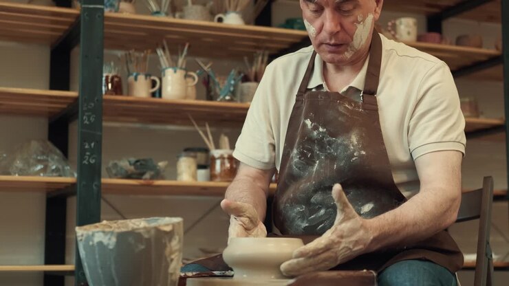 Senor man makes a cup during pottery