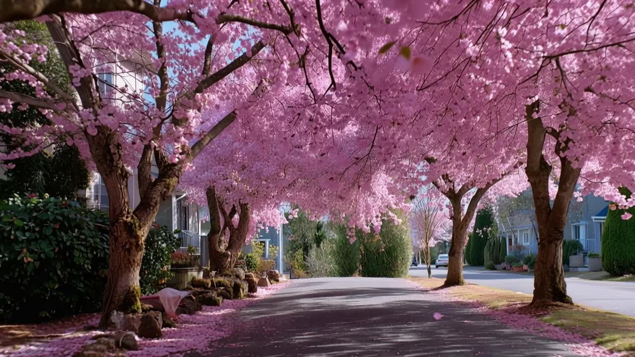 Fiori rosa pendono bassi sopra una strada tranquilla. Gli alberi si inarcano come un baldacchino naturale, morbido e sereno. La luce del sole brilla attraverso i petali, proiettando ombre delicate.