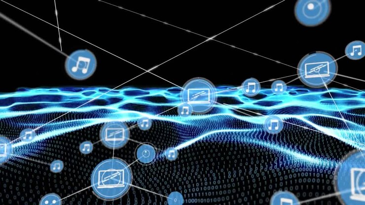 Animation of networks of connections with digital icons over binary coding