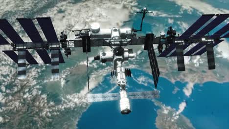 fotografía muy detallada y realista de la estación espacial internacional en órbita baja de la tierra, mirando hacia abajo en la tierra desde encima de la iss, con el planeta girando debajo a medida que la cámara retrocede